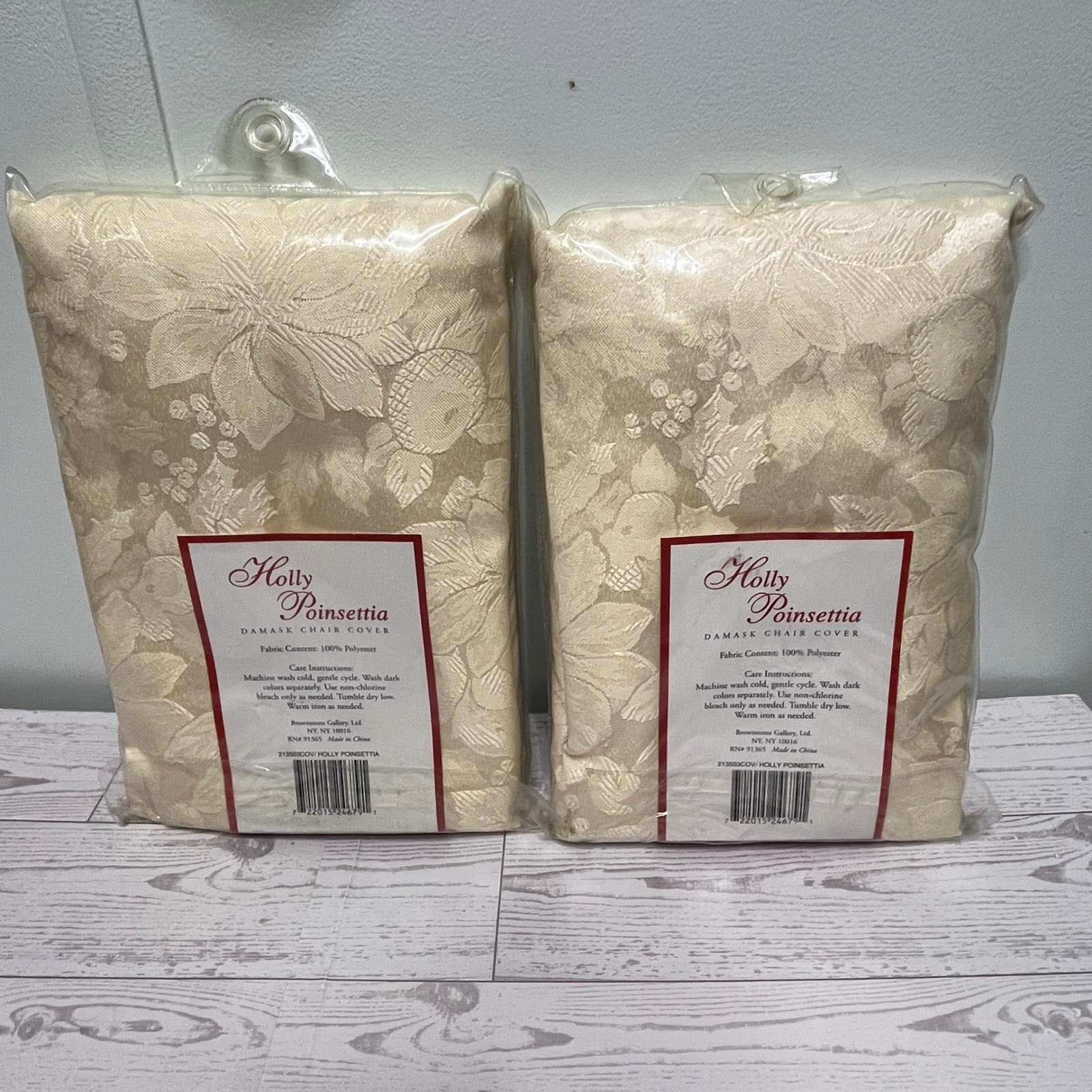 Brownstone Gallery Holly Poinsettia Damask Chair Covers Set of 2 Ivory Cream NEW