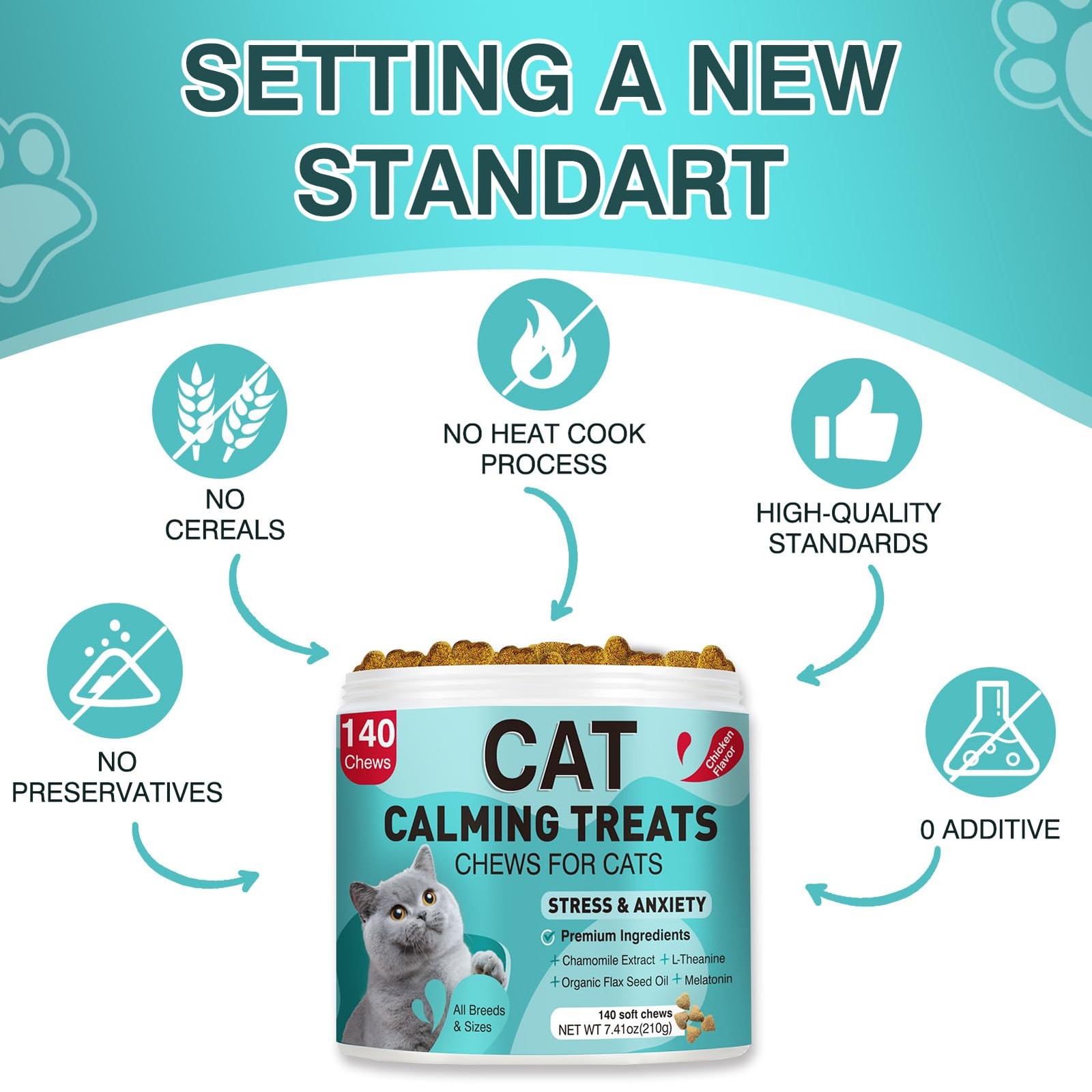 MNQAXZ Cat Calming Treats, 140 Soft Chews to Relieve Anxiety, Stress & 140