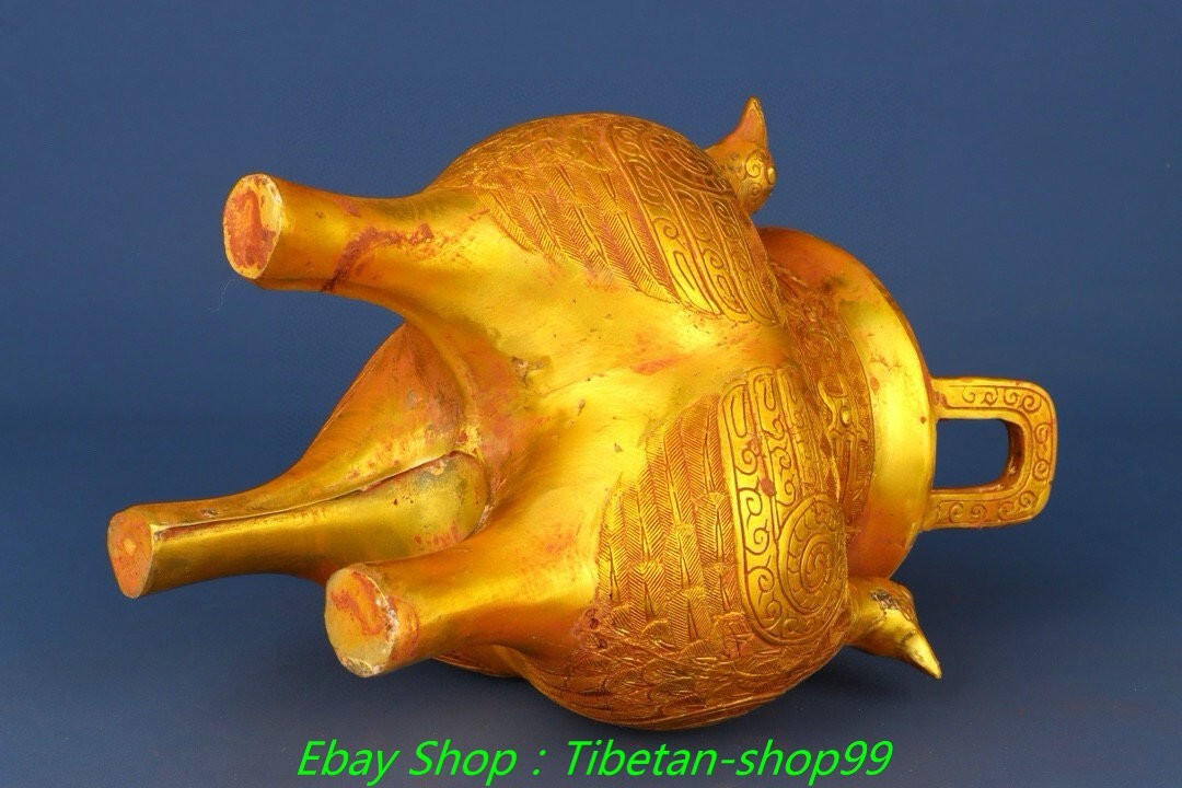 11.8''Old Dynasty Bronze Ware Gilt Inscription 3 Bird Incense Burner Censer