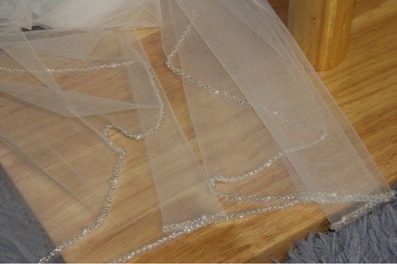 White Ivory Champagne one layer Wedding Veil beaded Edge Bridal Veil Fingertip