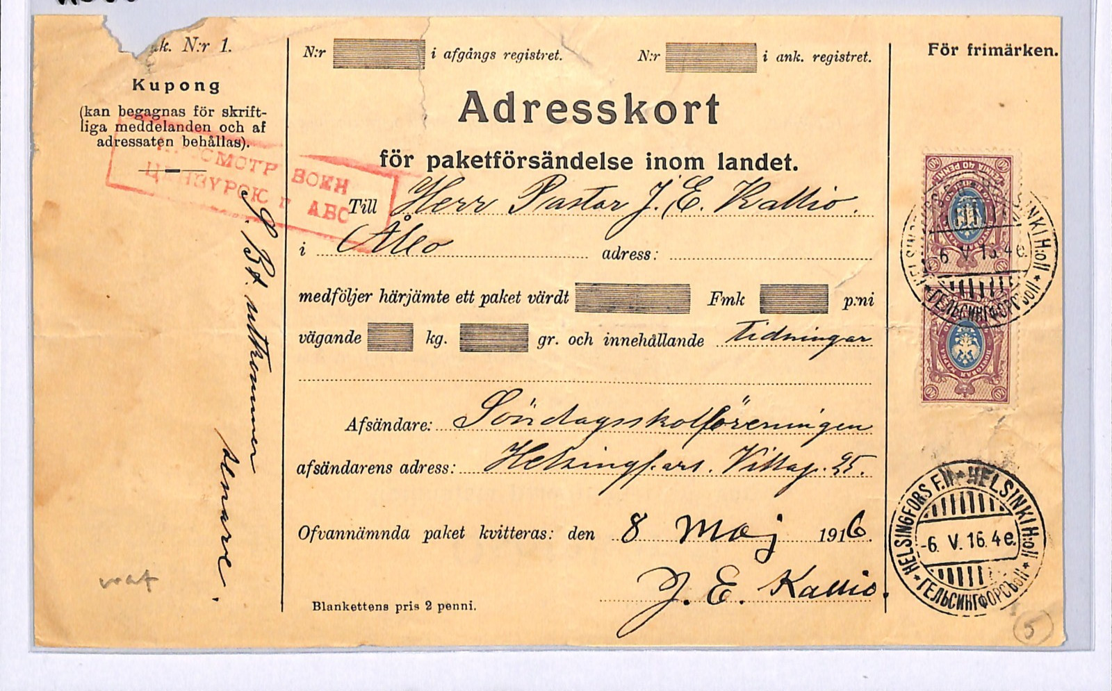 FINLAND Inland Parcel Post Label 1916 WW1 Helsinki Turku Censor {samwells}XS65
