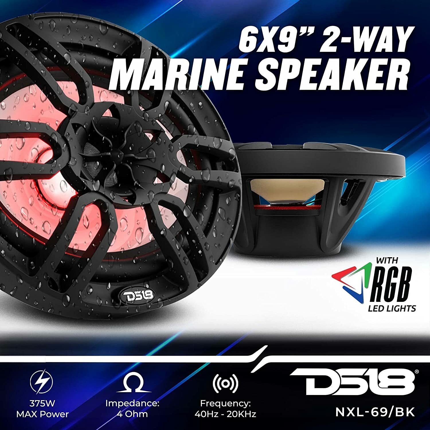 DS18 NXL-69/BK HYDRO 6X9" 2-Way Marine Speakers with RGB 375W Max 4-Ohm