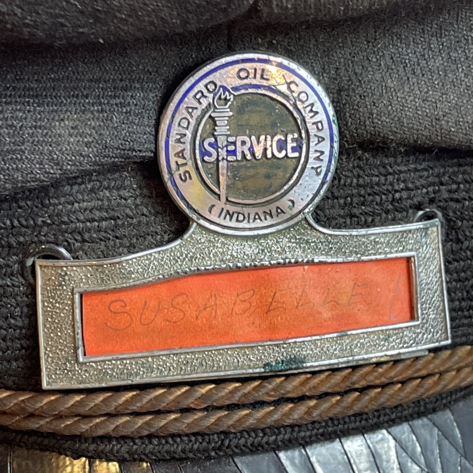 VINTAGE STANDARD OIL Indiana CO METAL ENAMEL SERVICE NAME GAS Hat Marshall Field