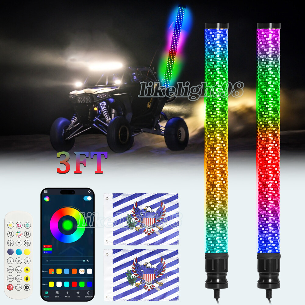 2x 3FT Thick LED Whip Spiral Chasing RGB Fat Whip Lights For Can Am Polaris RZR