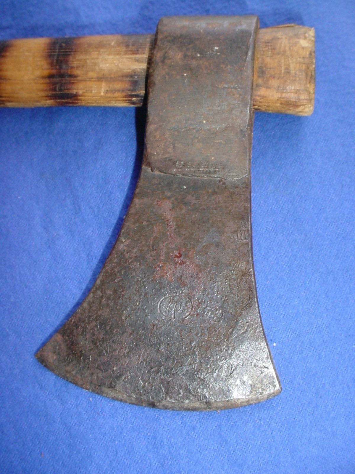 OLD TOMAHAWK THROWING AXE MAKERS MARK CP FIRE BRANDED HANDLE