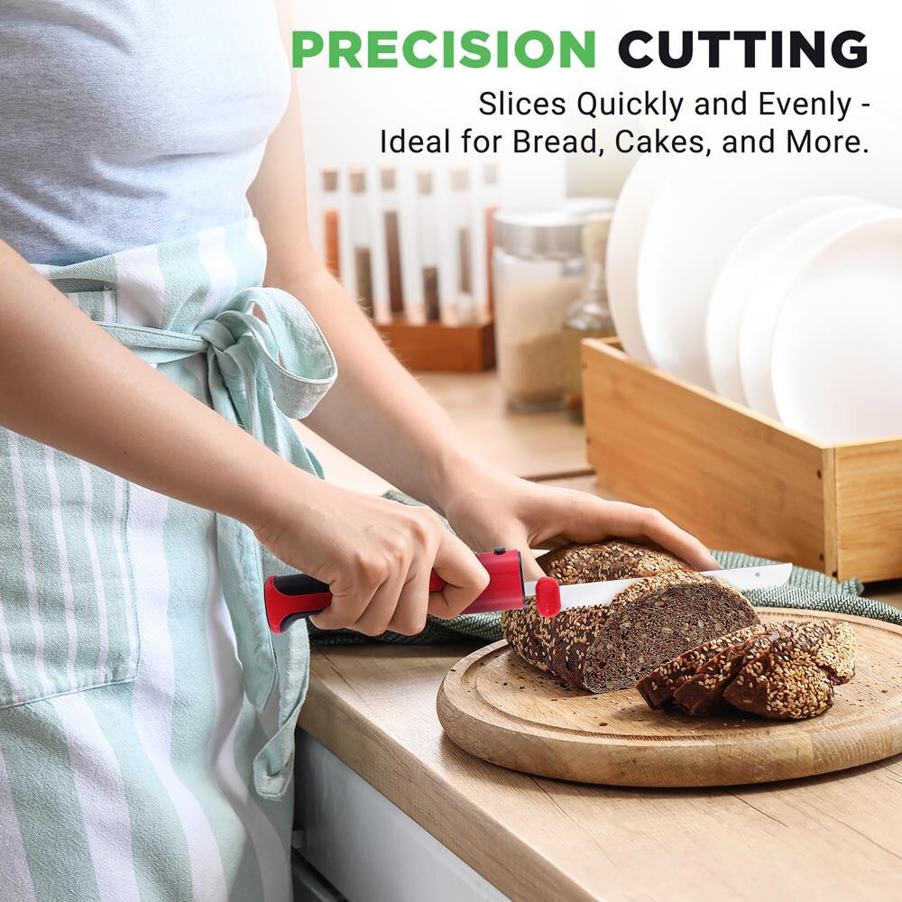 NutriChef Electric Bread Knife-Lightweight w/ Contoured Grip Handle (Red)