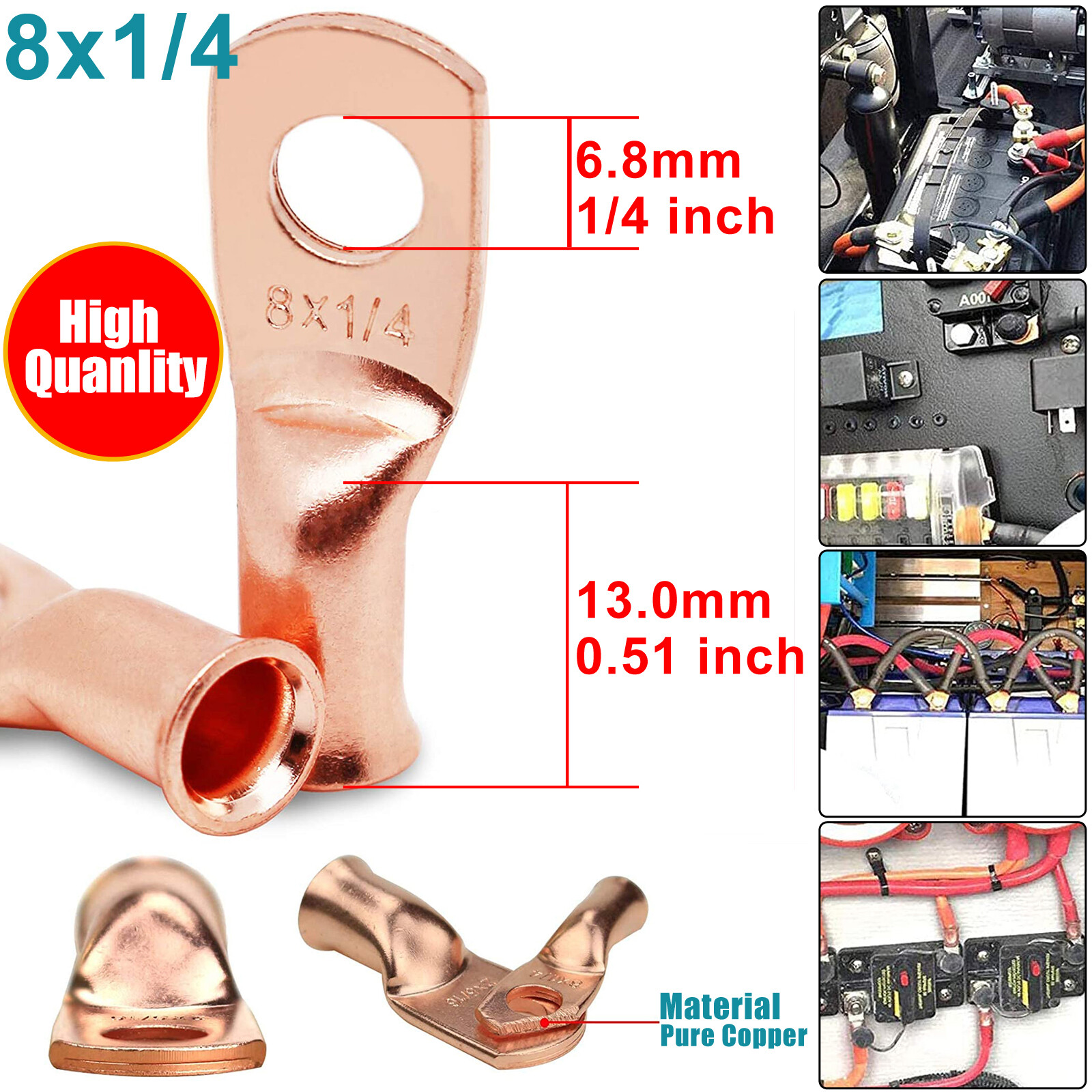 Bare Copper Cable Wire Lugs Ring Terminals 8-4/0 AWG Battery Wire Welding Cable
