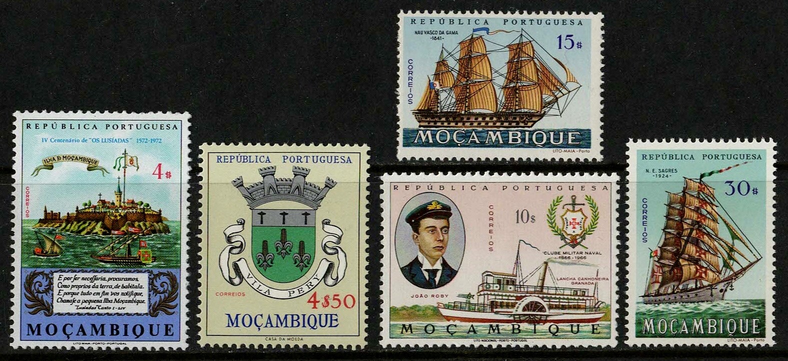 Mozambique 1961/63/67/72 - Ships - Sc#450-452-454-478-503 Lot of 5 Mint MNH VF
