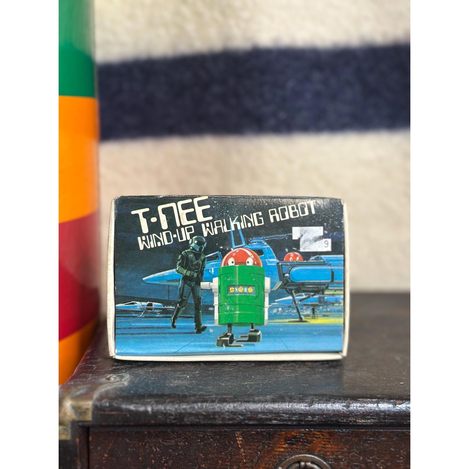 Vintage 1980s Working T-NEE Wind-Up Walking Robot in Original Box