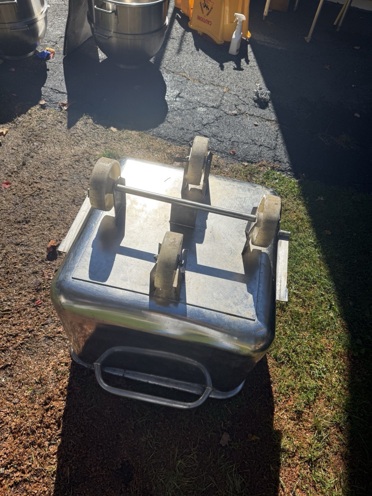 Tote bin with collar, watertight 27in x 27 In x19in Stainless Steel With Wheels