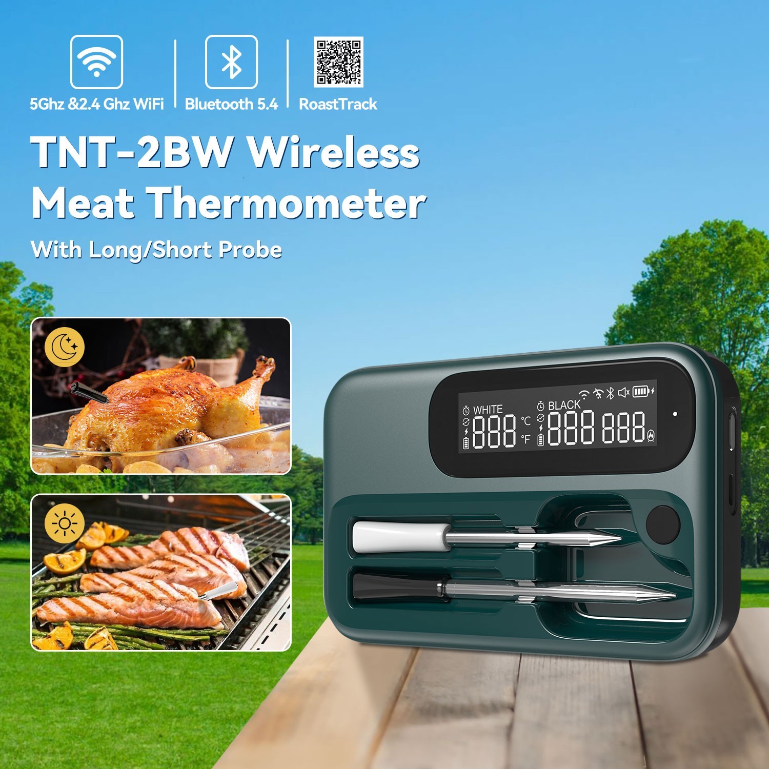 Wiresless BBQ Thermometer Meat Cooking Outdoor Dual Probes Bluetooth WiFi Combo