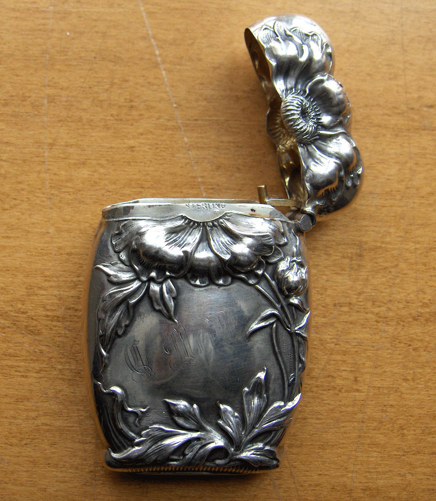 Sterling silver antique match safe/vesta striker case~Art nouveau repousse poppy