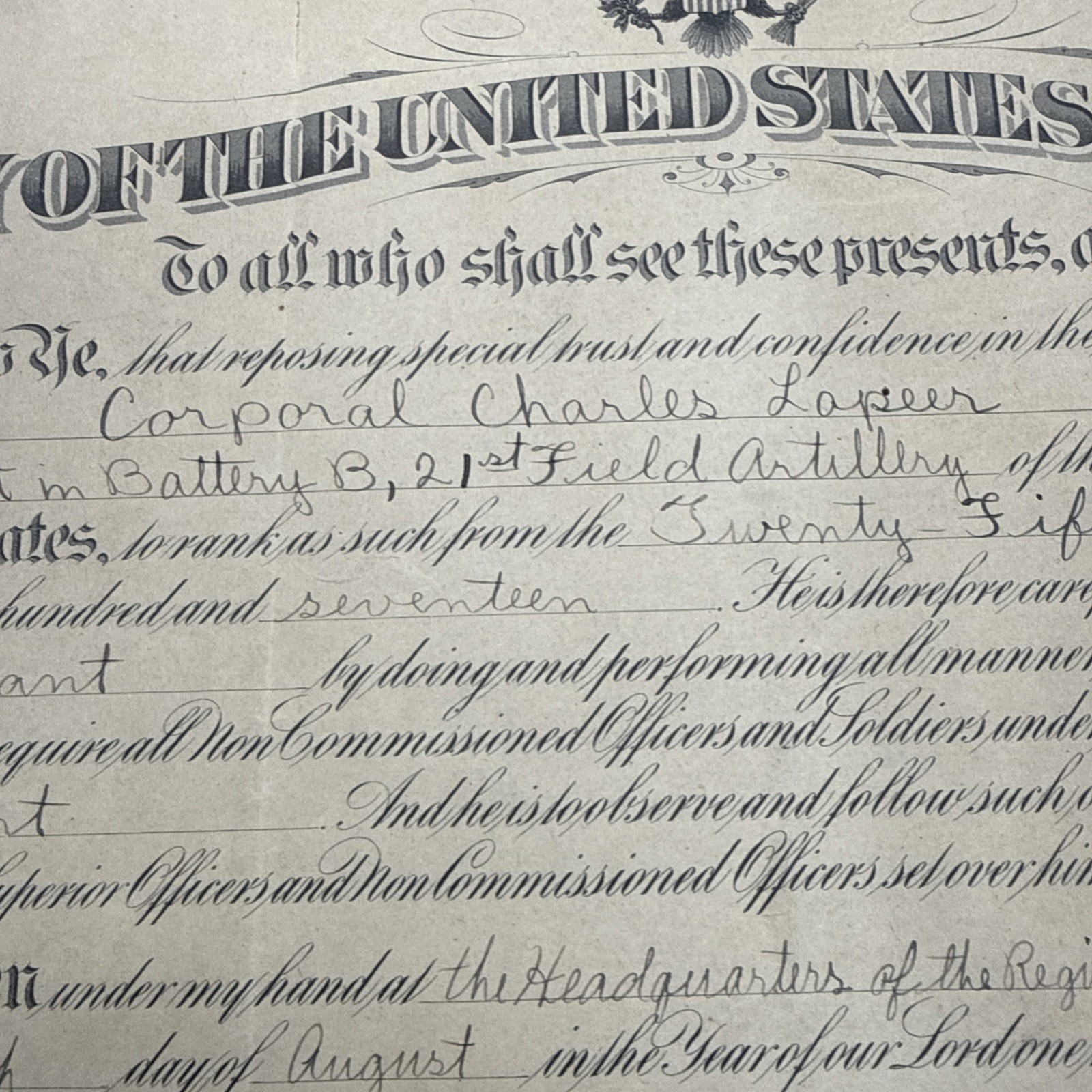 WWI 1917 5th Infantry Division 21st Field Artillery promotion certificate AEF