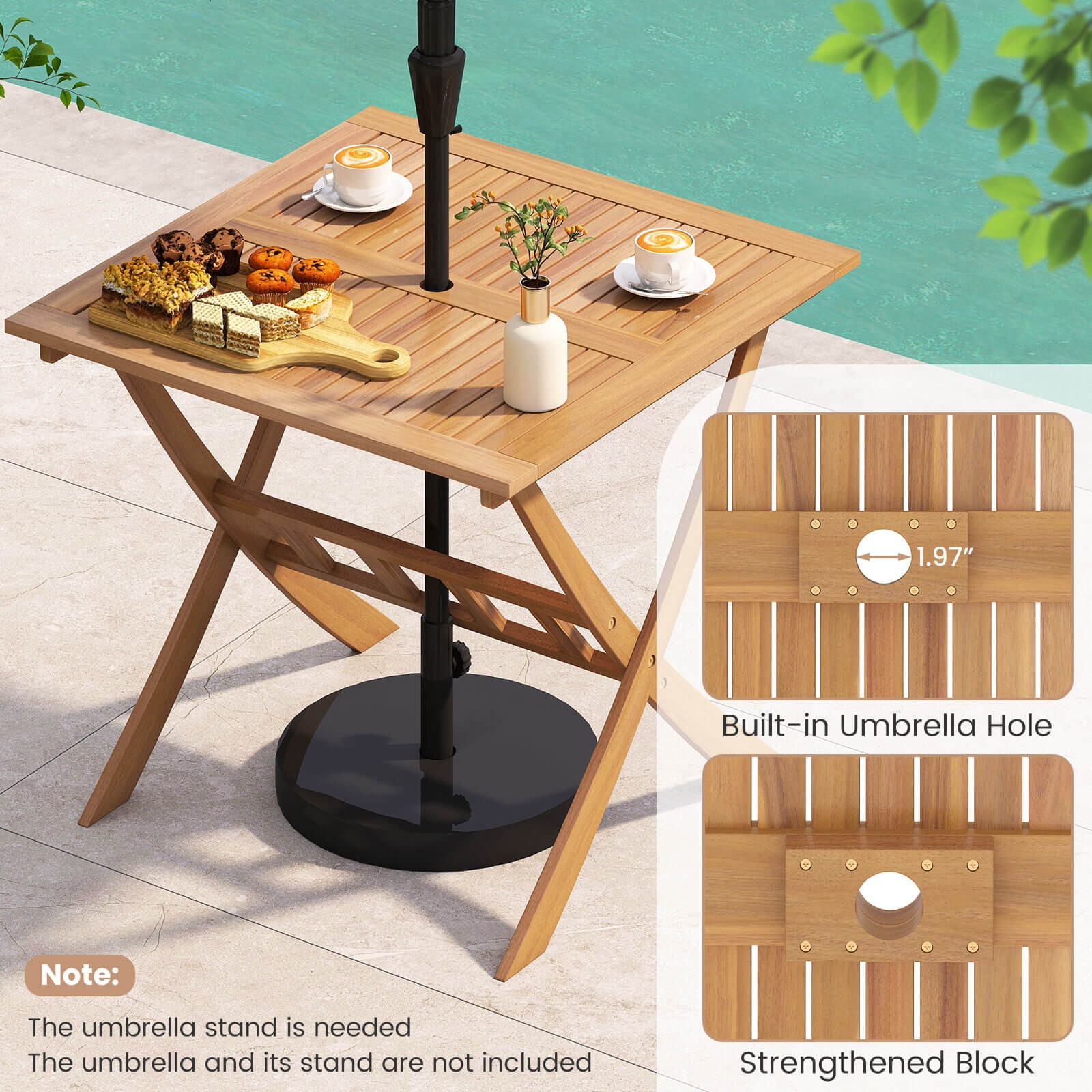 Acacia Wood Folding Table 36” Patio Dining Table with Slatted Tabletop