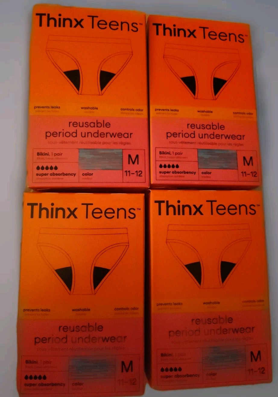 4X Thinx Teens Super Absorbency Bikini Period Underwear Sz M 11-12 Reusable BLUE