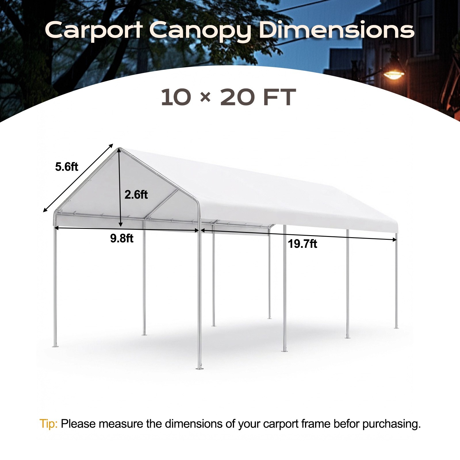 Aoodor 10 x 20 FT Carport Replacement Canopy Cover with Extra-Long Ball Bungees