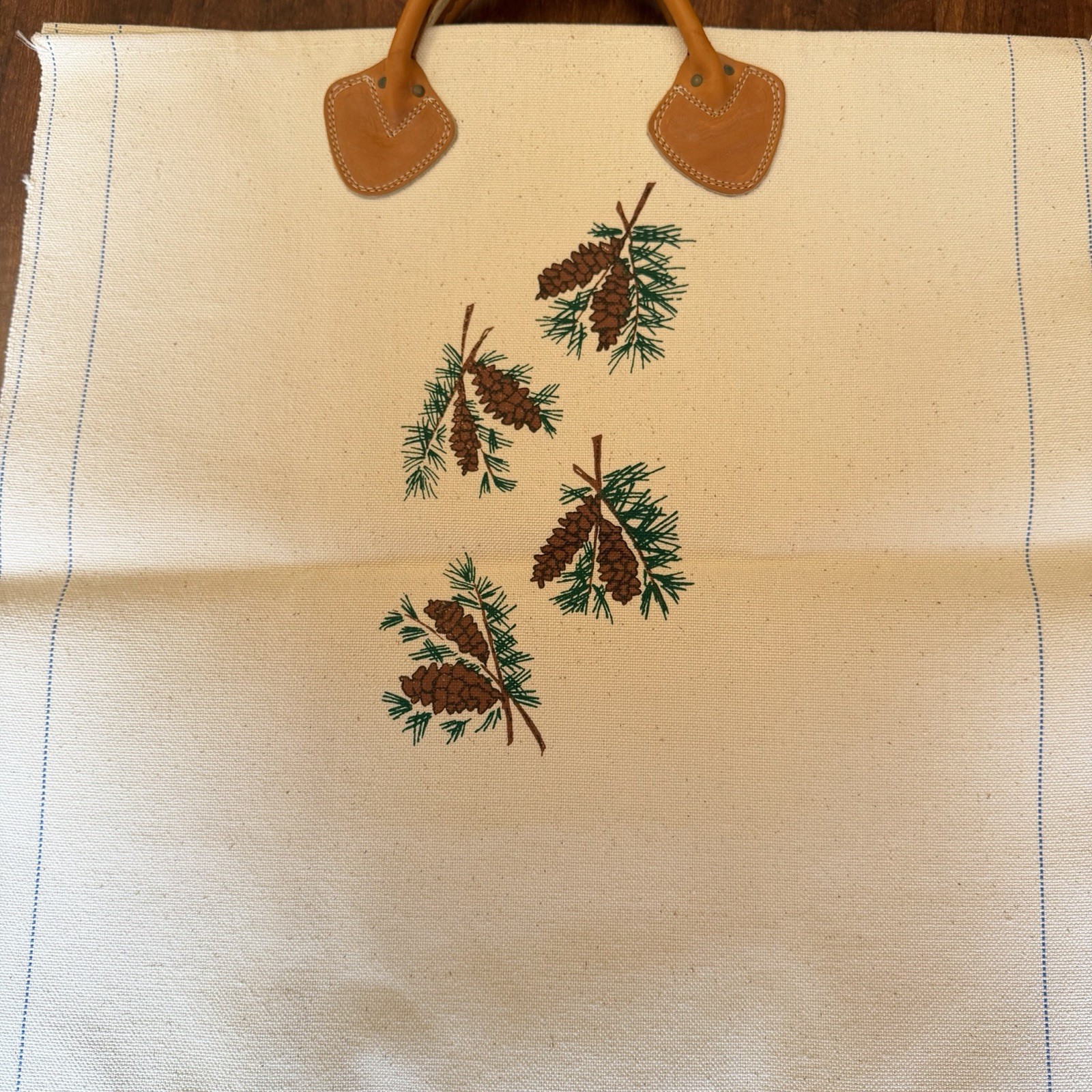 L.L.Bean Canvas Firewood Holder Carrier Pine Cone Design Leather Handles Vintage