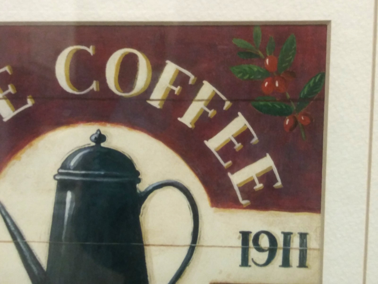 Coffee Themed Wall art "THE COFFEE POT " wood framed w/glass wall hanging 15x15