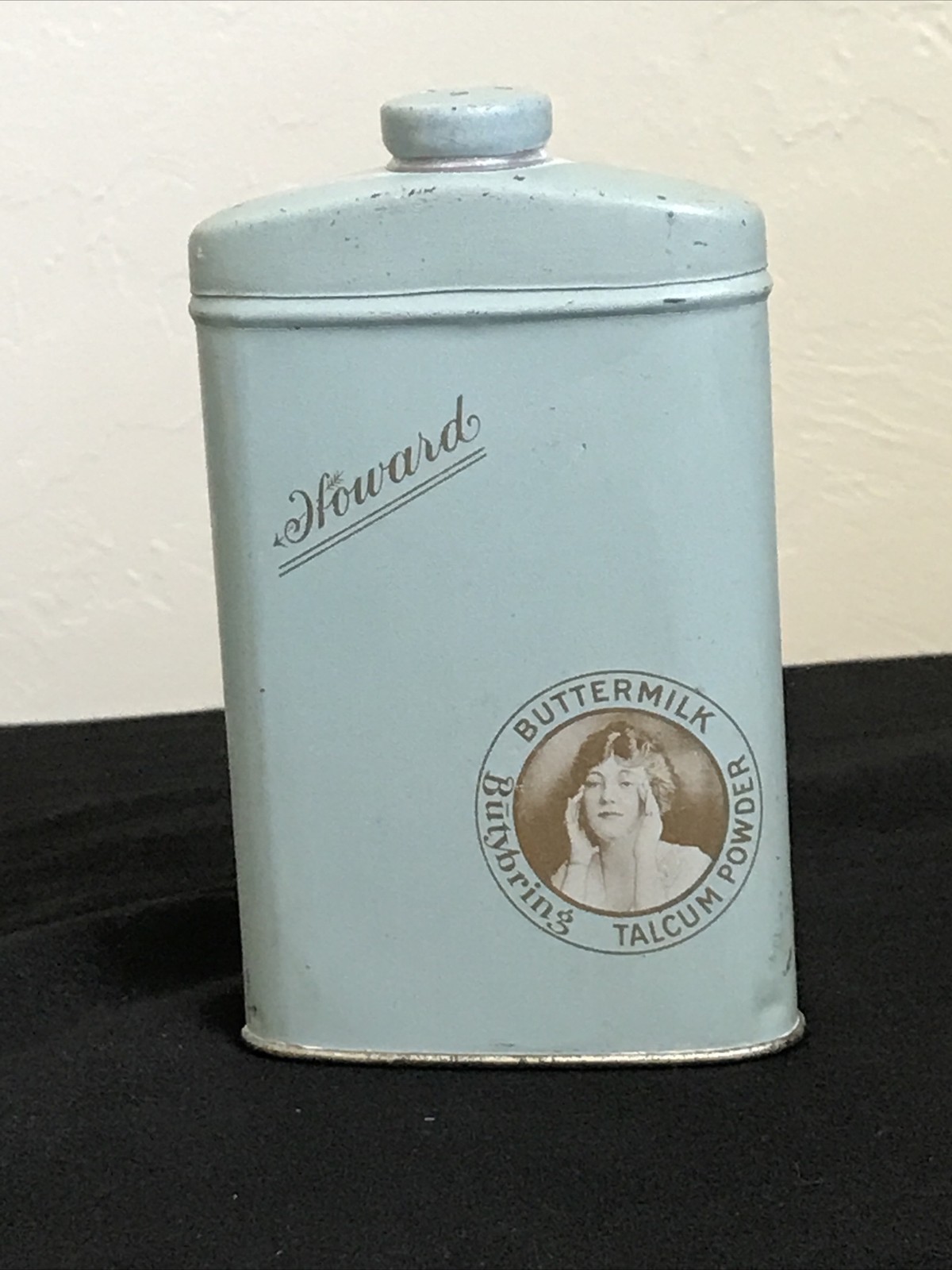 HOWARD Buttermilk Talcum Powder Tin Antique Butybring Howard's Litho Advertising