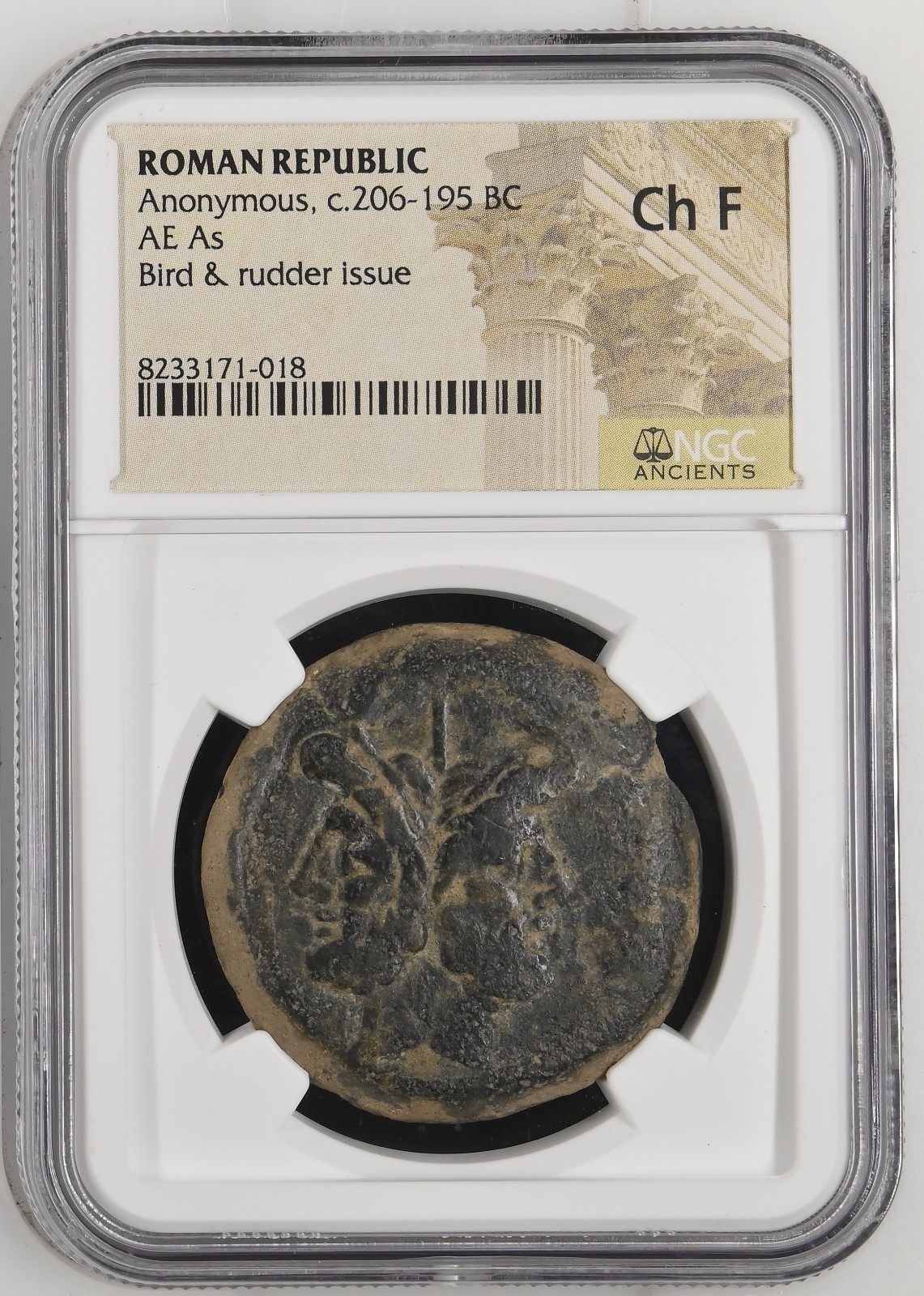 Roman Republic Anonymous c. 206-195 BC AE As Janus Bird & Rudder NGC Ch F