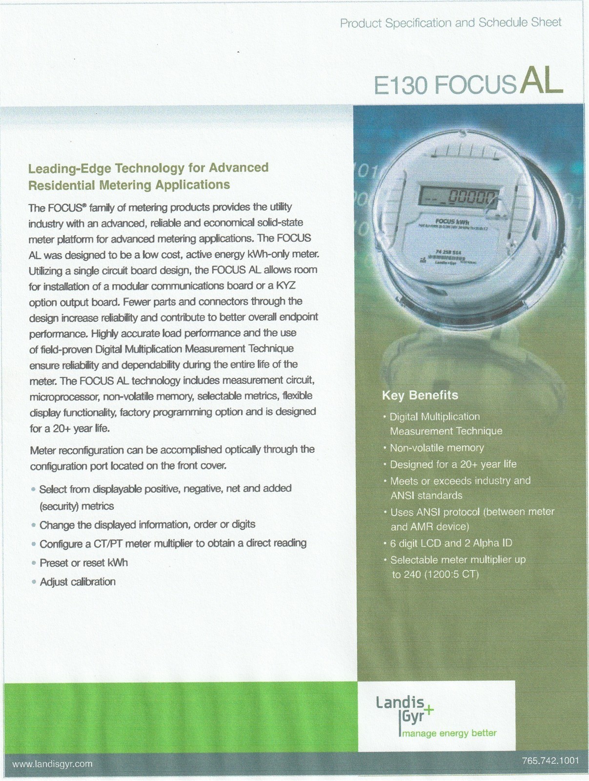 LANDIS+GYR Focus Digital Watthour Meter Type ALF, FORM 2S, CL200, 240V