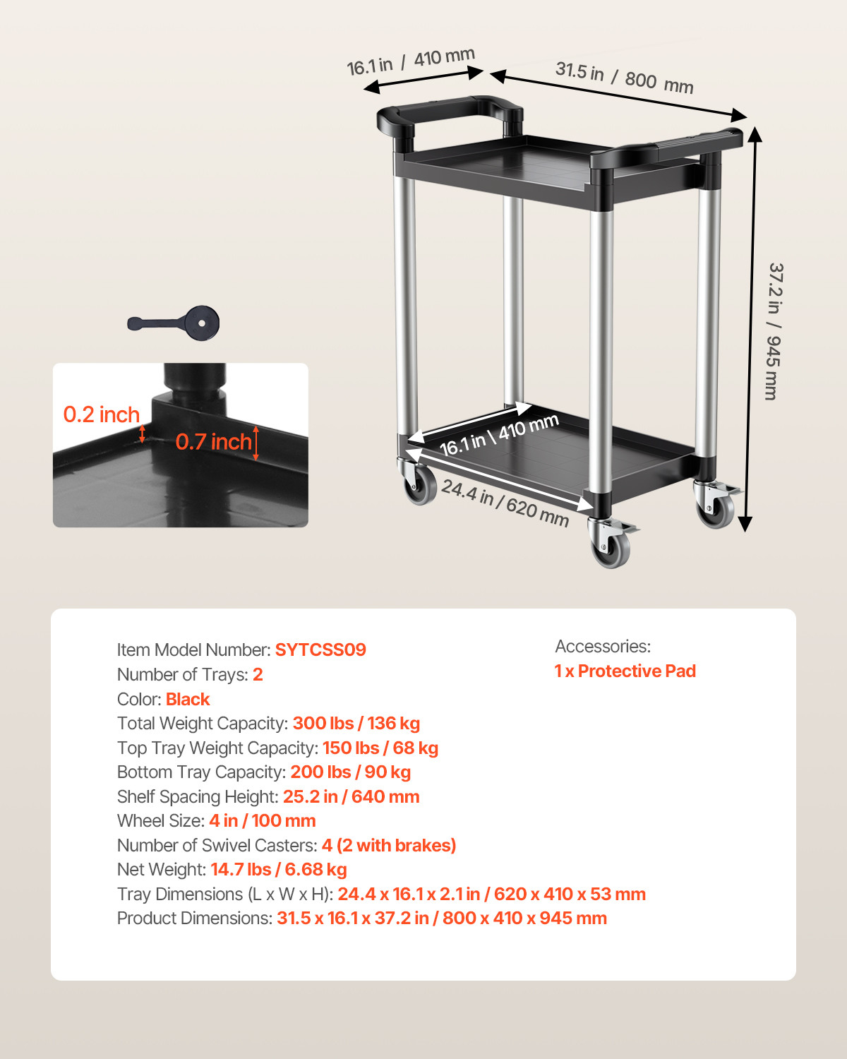 VEVOR Heavy Duty Utility Cart 300 lbs Capacity 2-tier Service Cart with Wheels