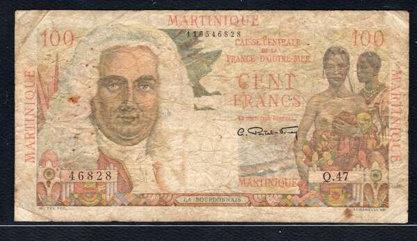MARTINIQUE, P-31, 100 FRANCS  1946, JUST G/VG