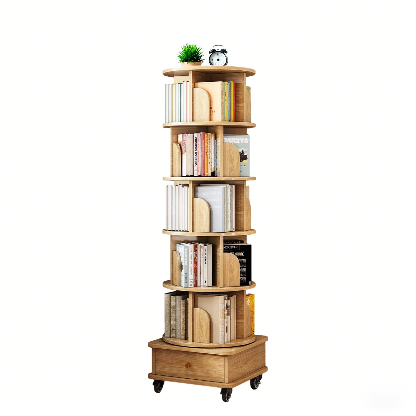 6 Tier Rotating Bookshelf, 360° Display Round Spinning Bookshelf w/ Drawer Home
