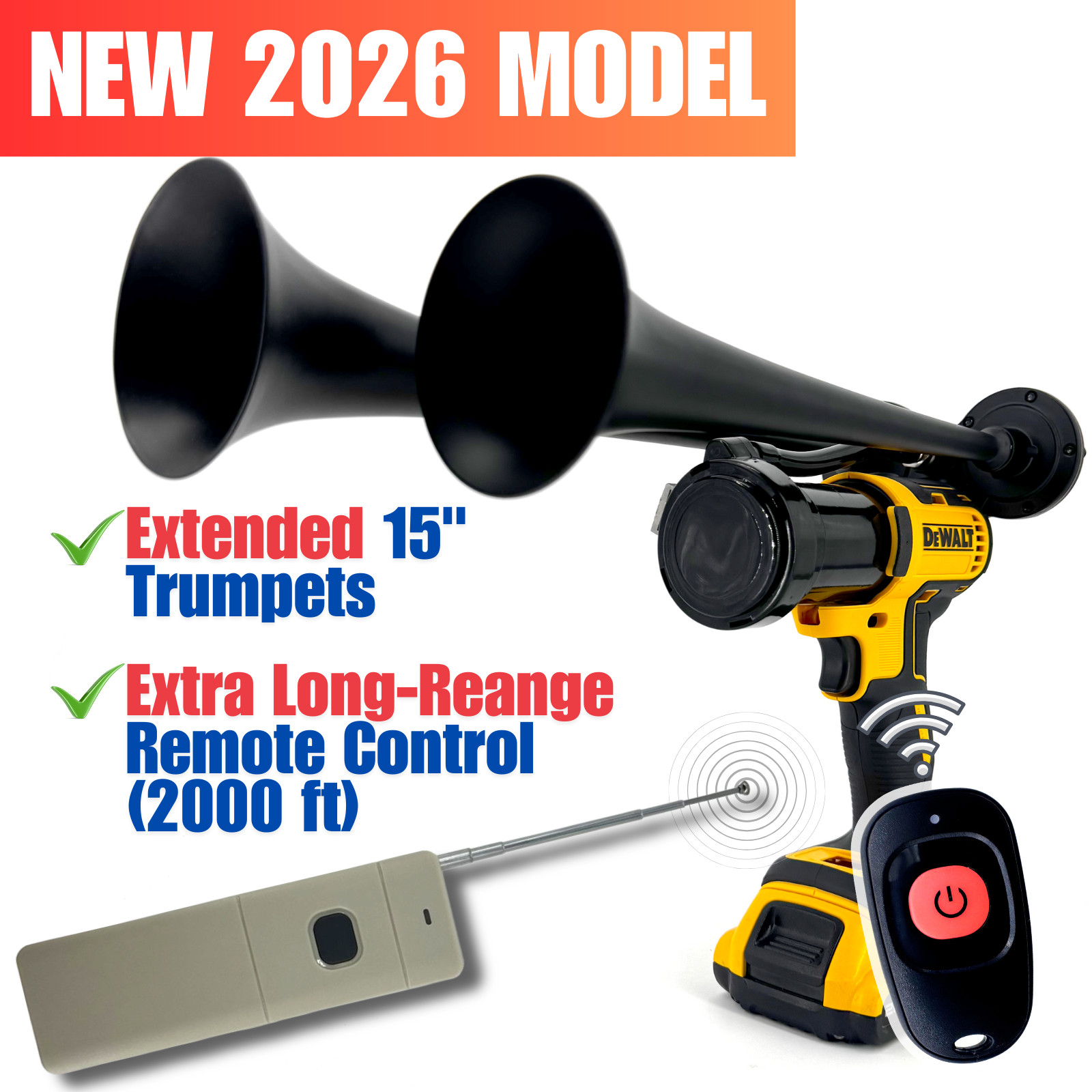 DeWalt Impact Air Train Horn Dual | Long Trumpets | Long Range (2000ft) Remote