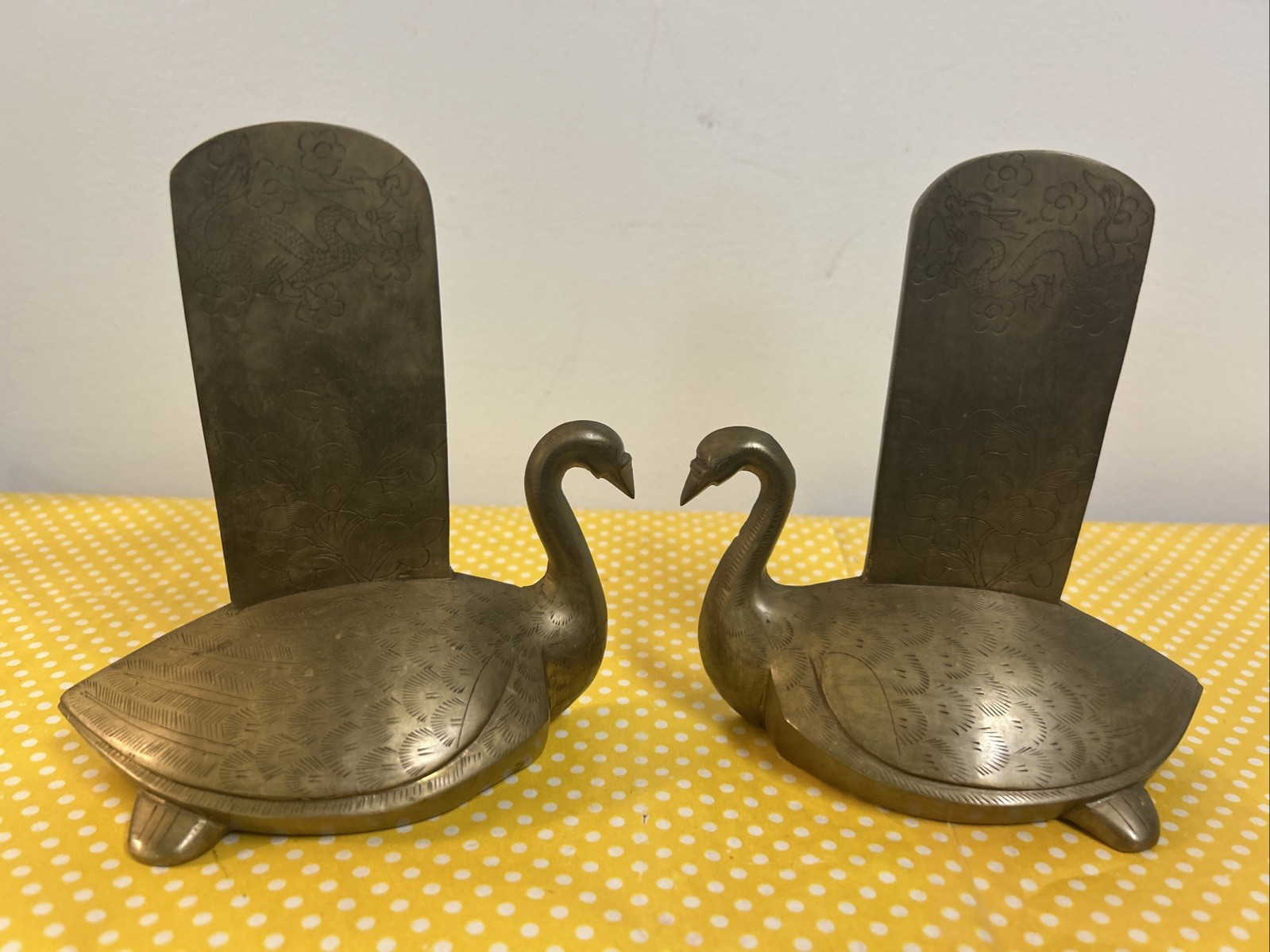 Pair Of Vintage Brass Swan Bookends Chinese Dragon Lotus Flower Carvings Heavy