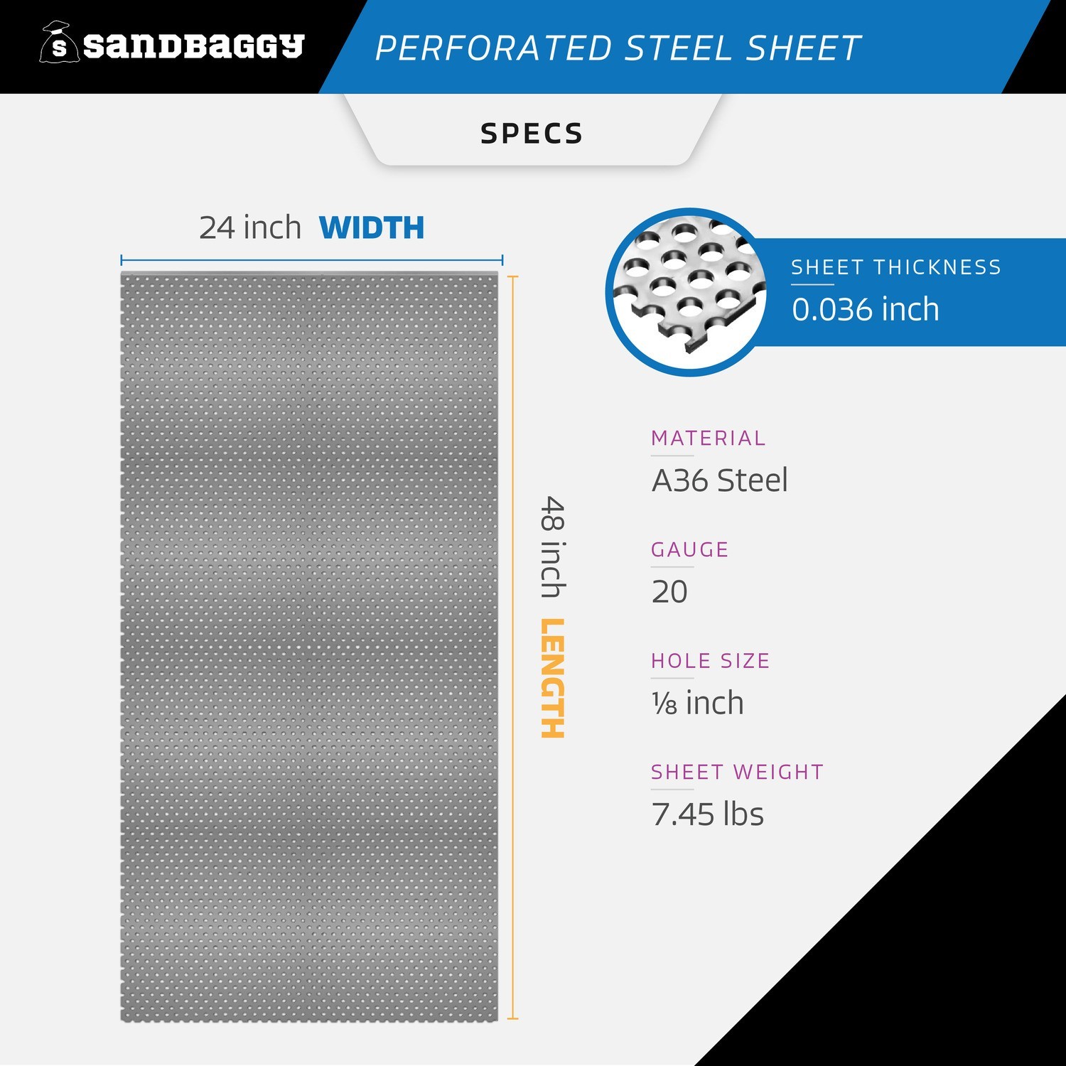 Sandbaggy Perforated Steel Sheet 24" x 48" - Perforated Metal Sheet - 20 Gauge