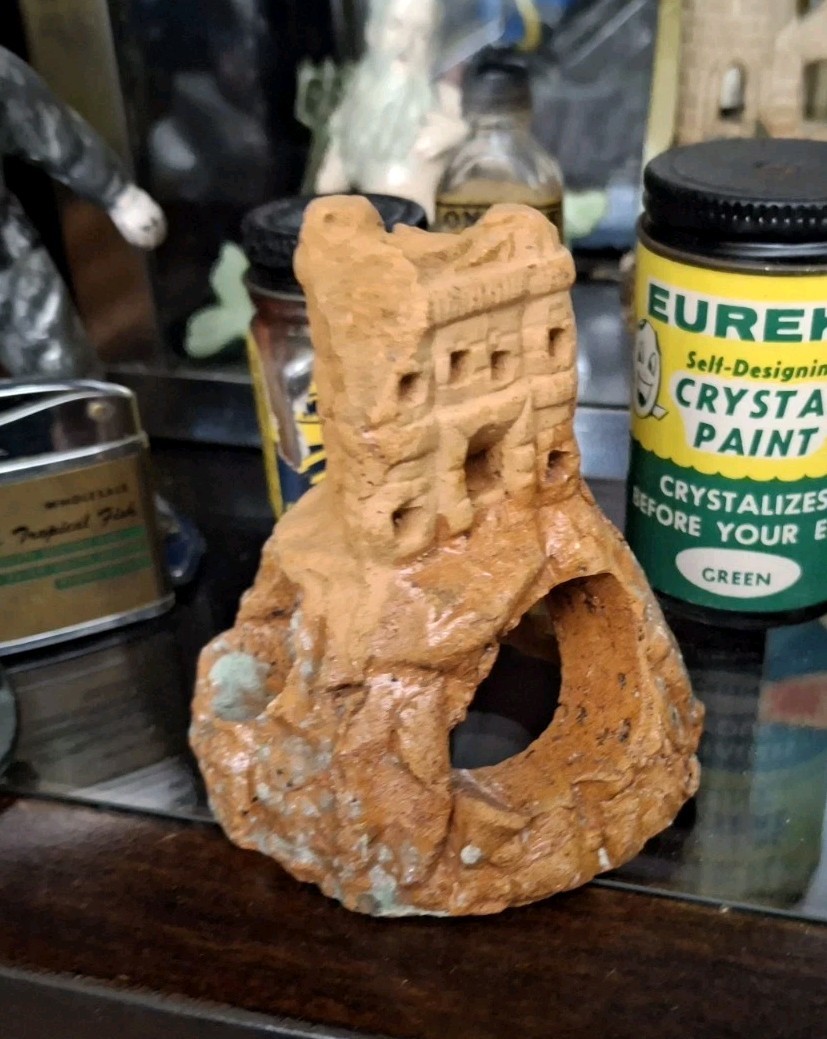 Vintage Old Antique Aquarium Early American 1940s Ceramic Clay Castle on a Hill