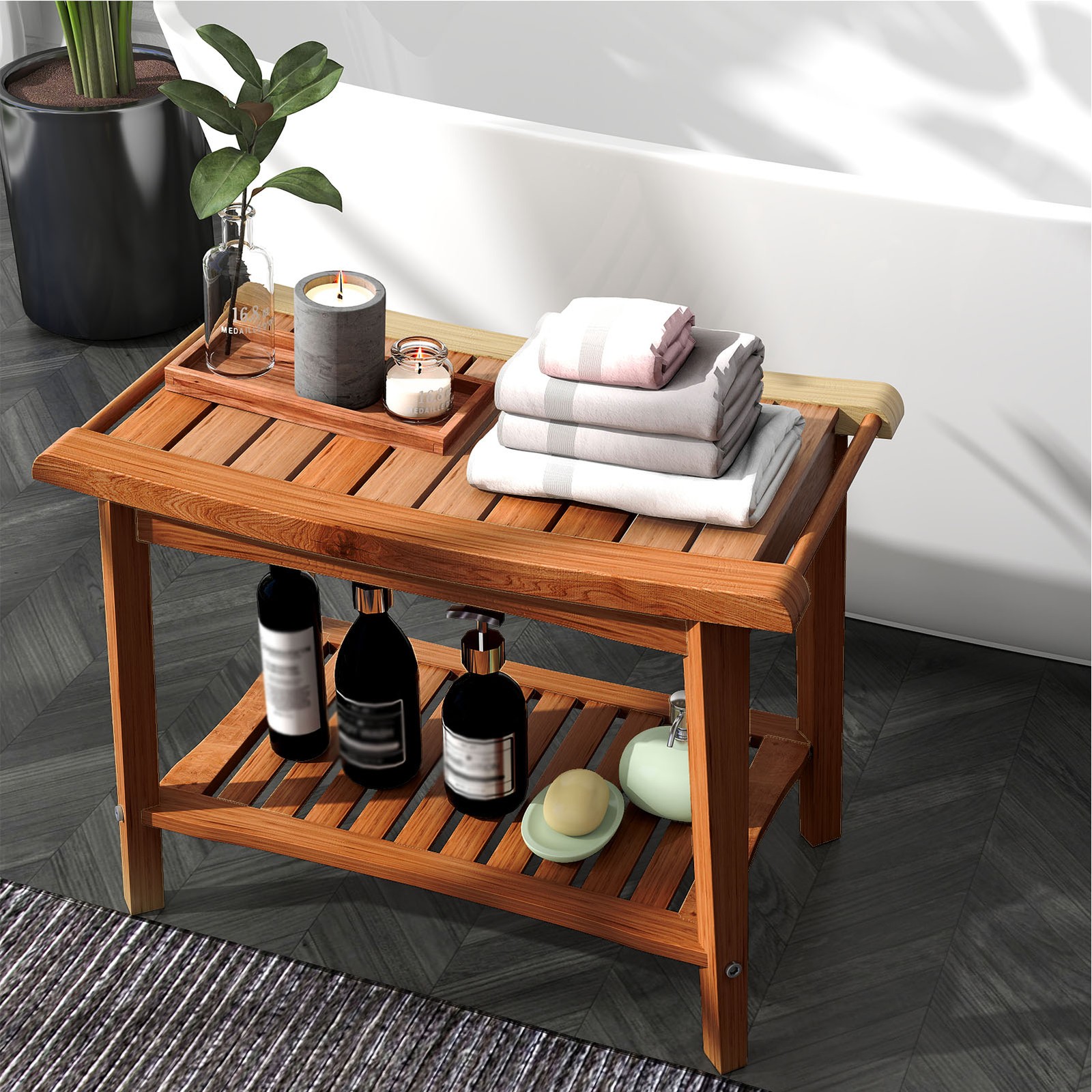 Shower Bench Wood Water Proof Ergonomic Shower Stool With Storage Shelf FKRT