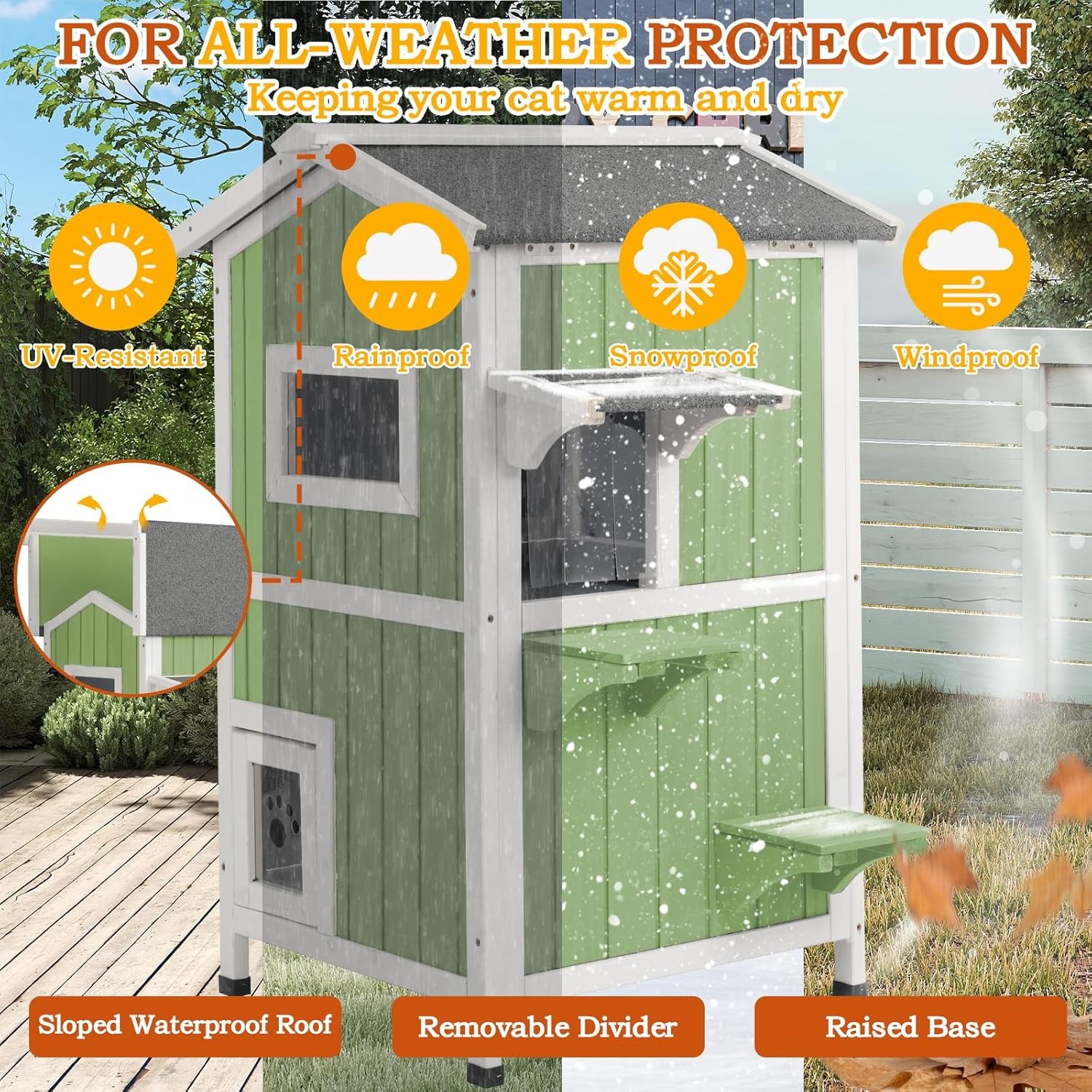 PetsCosset Insulated Cat House Outdoor Shelter Two Story Wooden with Roof,Green