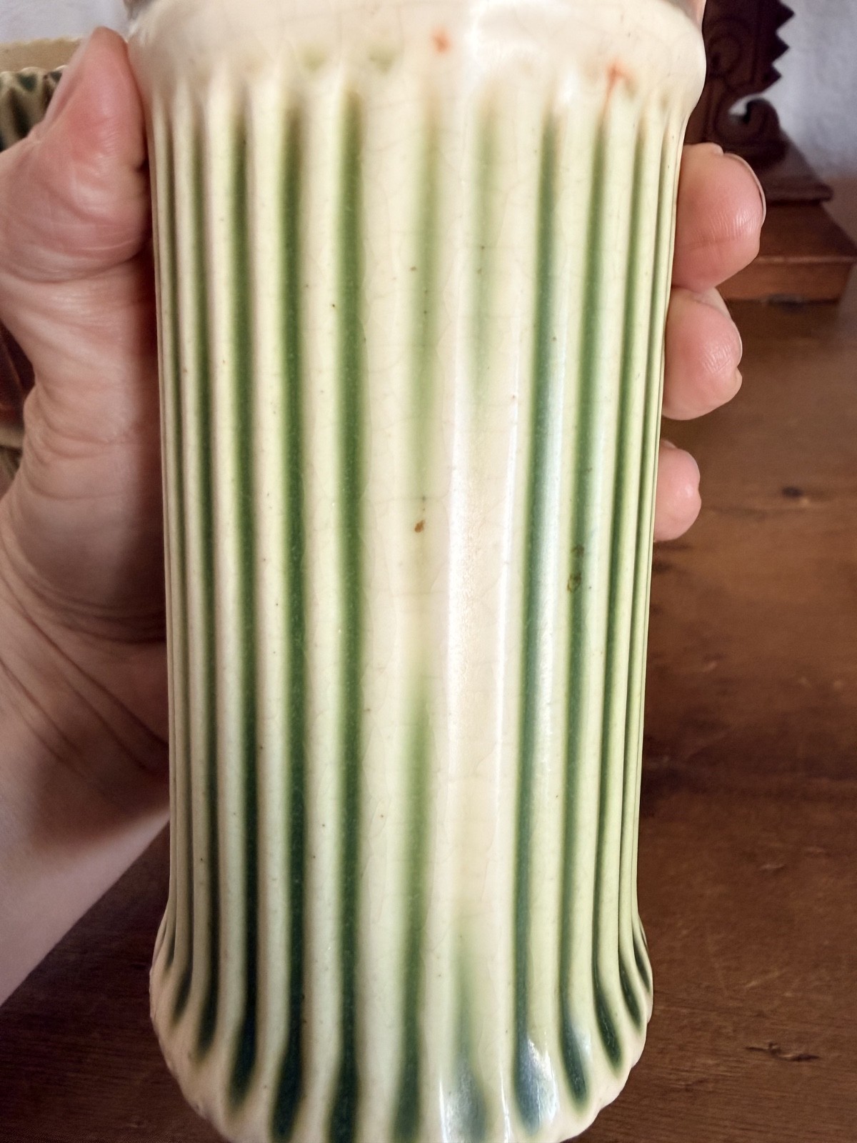 Pair Antique Roseville Donatello Cherub Bud Vases Green Art Pottery 1916