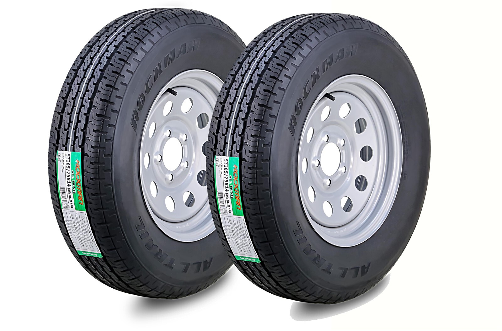 2 ROCKMAN Trailer Tire Assembly ST205/75R14 8-Ply Silver Mod Rim 5 Lug on 4.5"