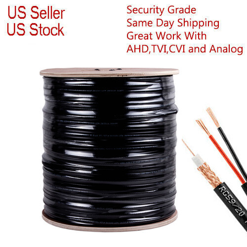 RG59 Black 500ft Bulk Siamese Cable 20AWG+18/2 CCTV Security Camera Wire Network