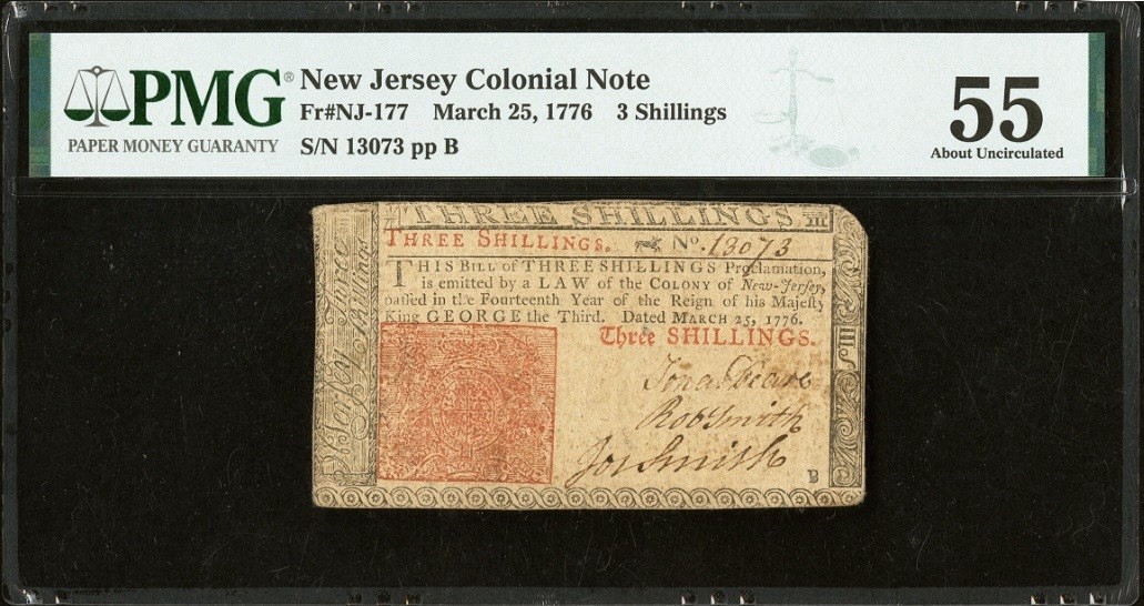 1776 NEW JERSEY Colonial Currency American Revolution Bank Note NJ-177, PMG 55