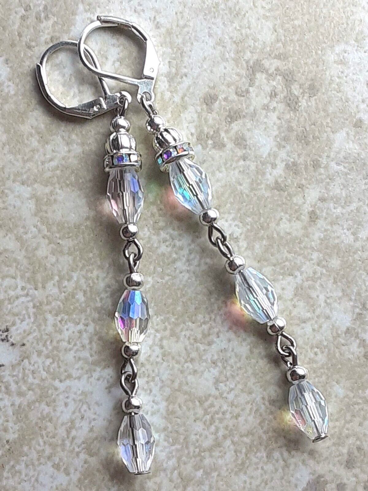 faceted CLEAR CRYSTAL & AB RING dangle earring SP LEVER BACK handcrafted XCBA
