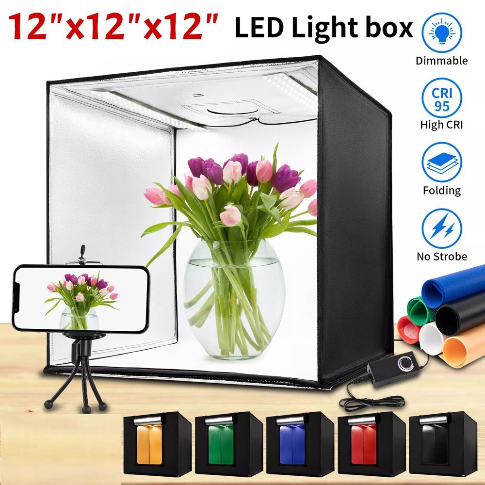 12" Large LED Light Box Photo Tent Dimmable Photography Studio Shooting Backdrop
