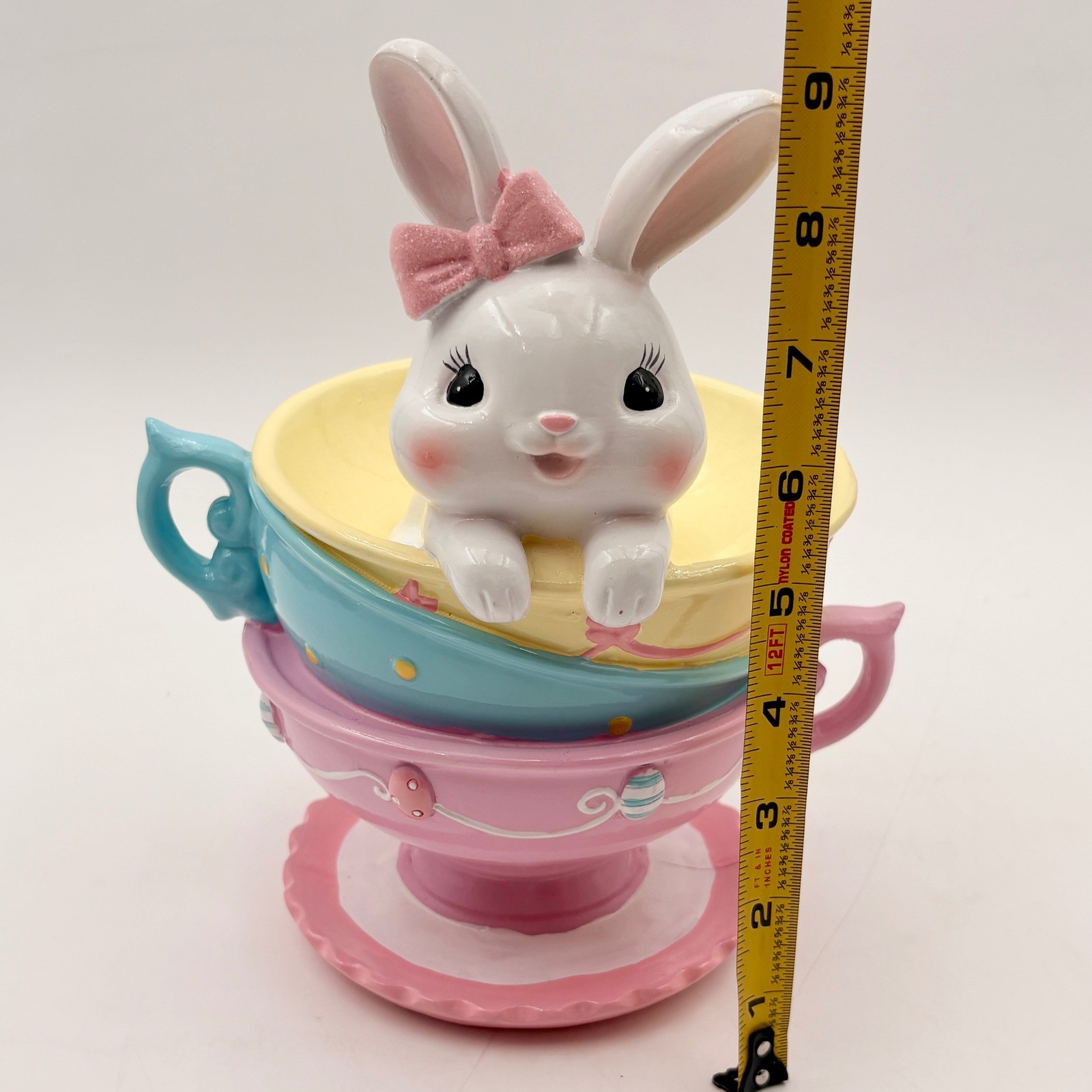Easter Bunny Rabbit Stack Pastel Teacups Figurine Spring Decor Pink Blue Yellow