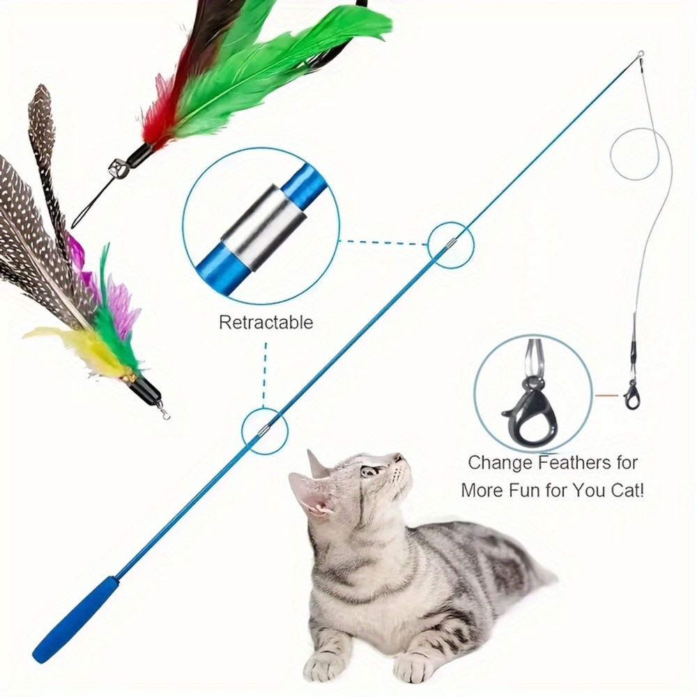 12PCS Kitten Cat Toy Feather Bell 2 Wand 10 Teaser Rod Interactive Play Pet Toys