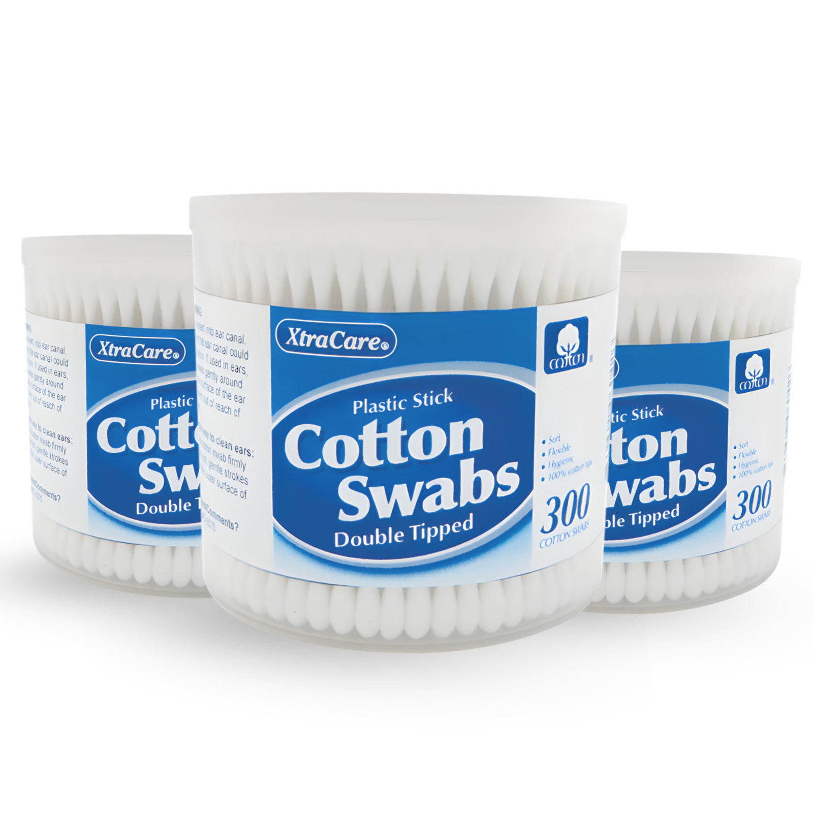 XtraCare Cotton Swabs, Double-Tipped, 300 Count – Soft & Flexible (3-Pack)
