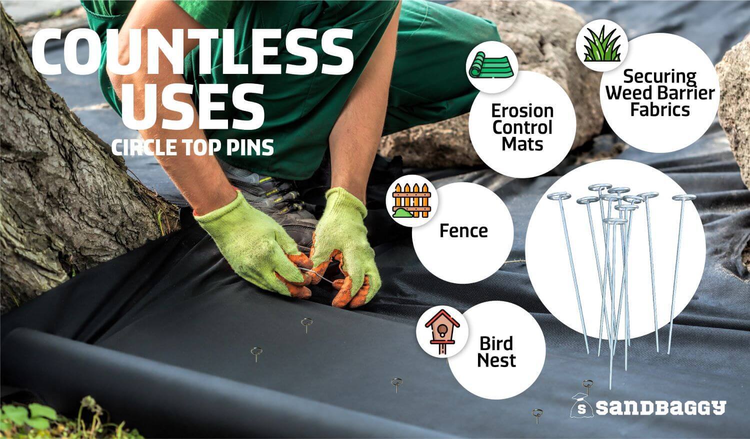 Sandbaggy 6 or 12 Inch Rust Free Circle Top Pins - Landscape Staples SOD Fabric