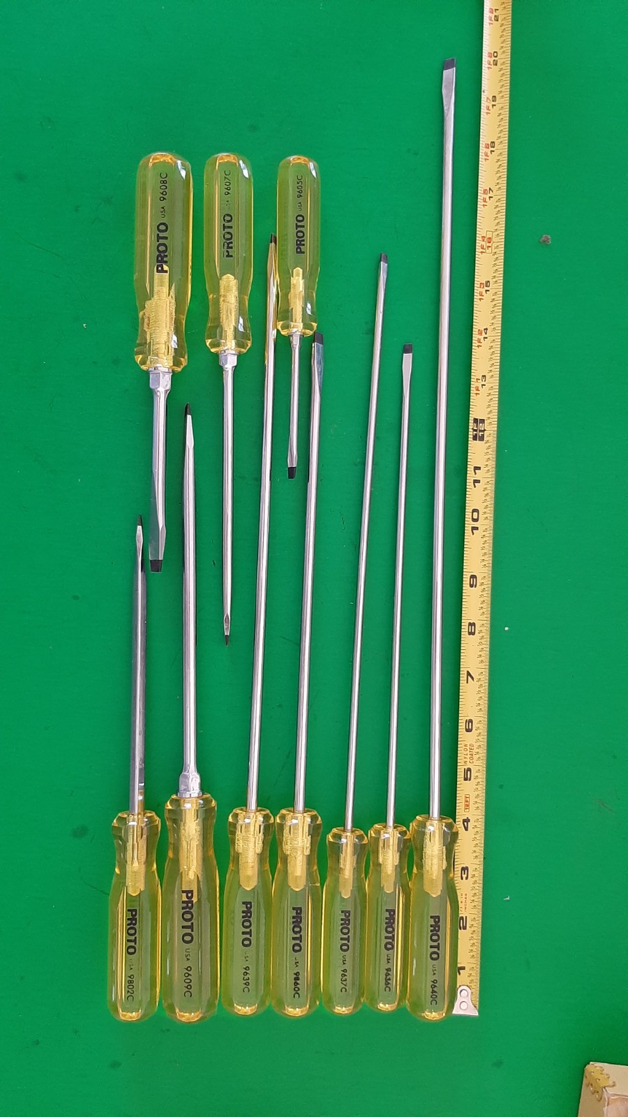 NOS NEW PROTO USA 10 Piece Clear Yellow Handle Screwdriver Set Flat Tip Slotted