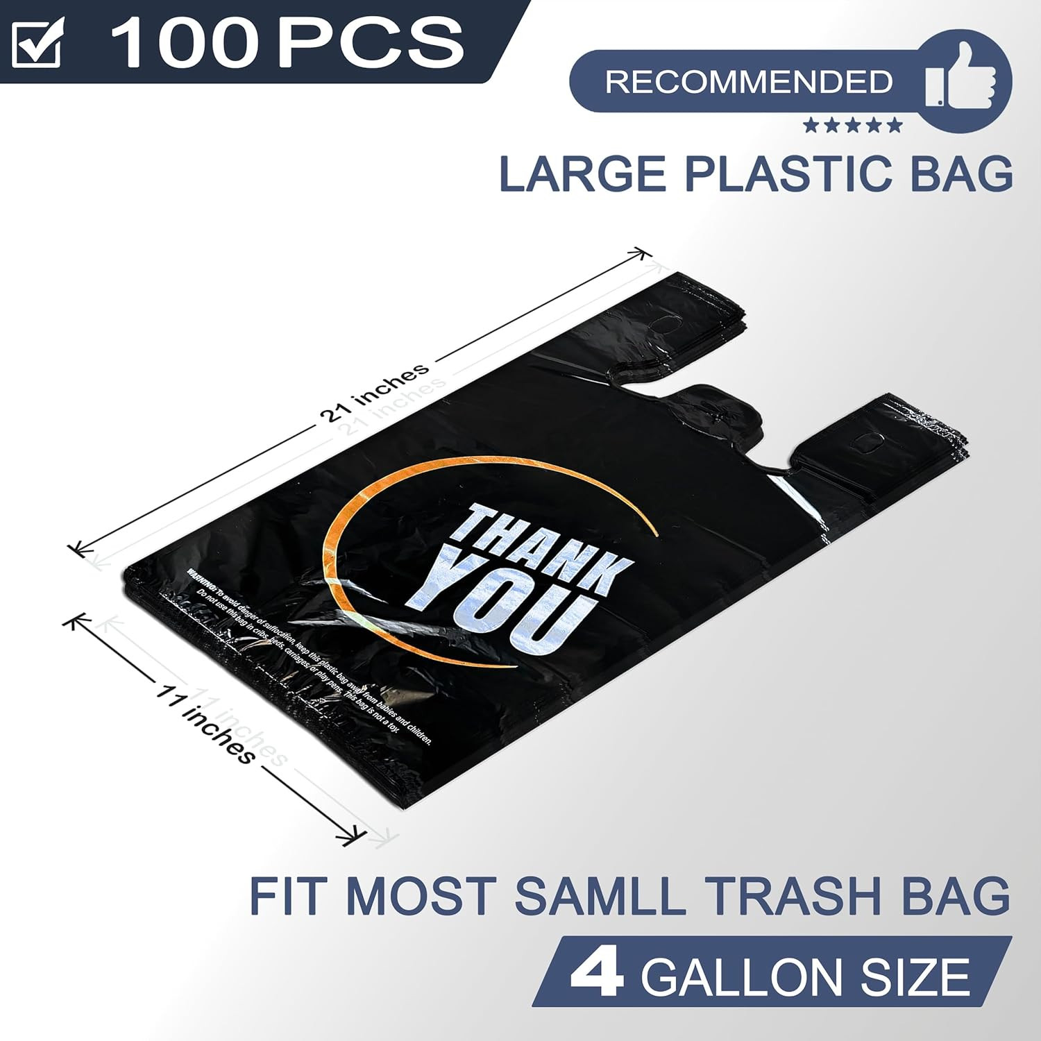 100 Count Plastic Bags - Black T Shirt Bags with Handle for Retail Shopping and