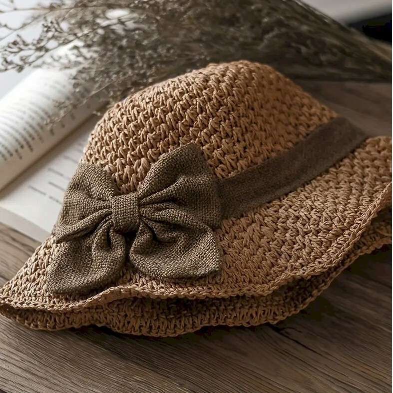 Elegant French Style Sun Straw Hat With Ruffle Bowknot Foldable And Breathable