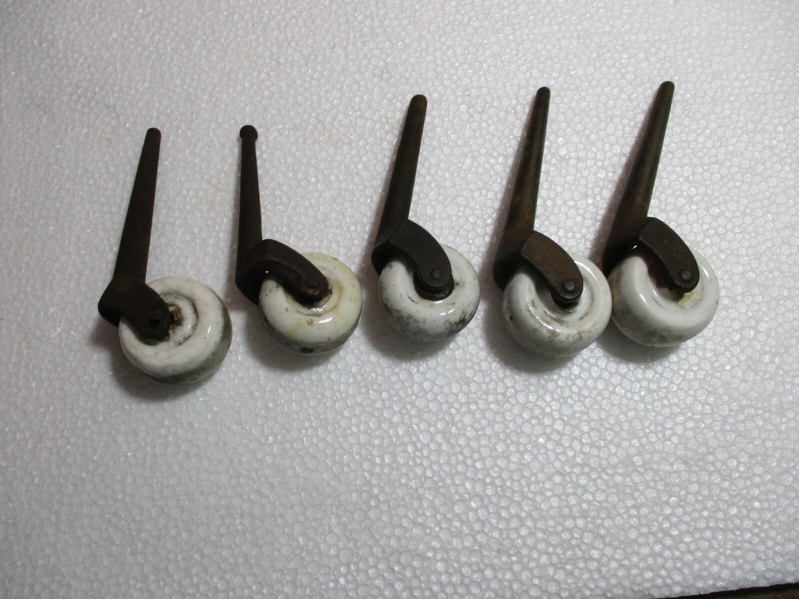 5 LARGE Antique Furniture Porcelain Caster Wheels Steel Pins NON MATCHING!!!