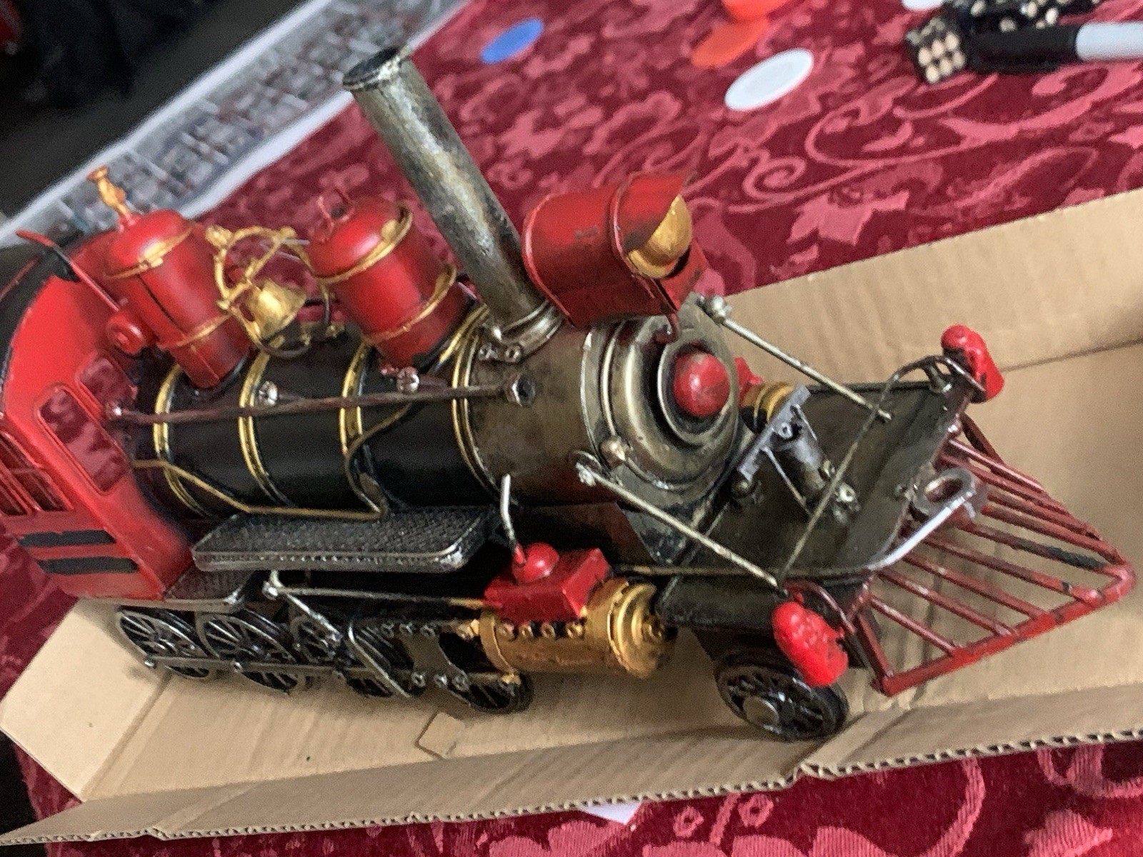 Vtg Decorative Metal Steam Locomotive Model Train Engine Red Black Gold On Base