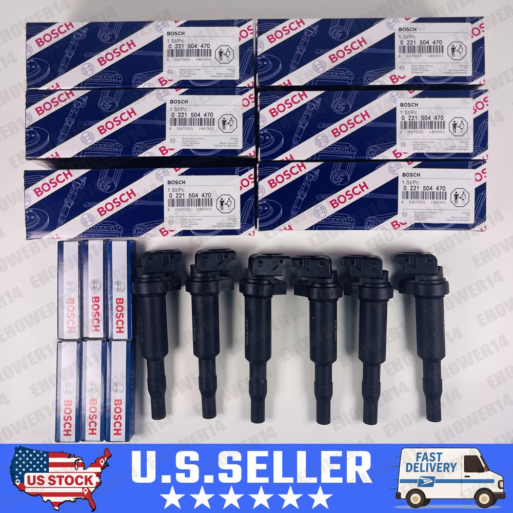 GENUINE Bosch 6x Ignition Coils 0221504470 + 6x Spark Plug 12122158253 For BMW